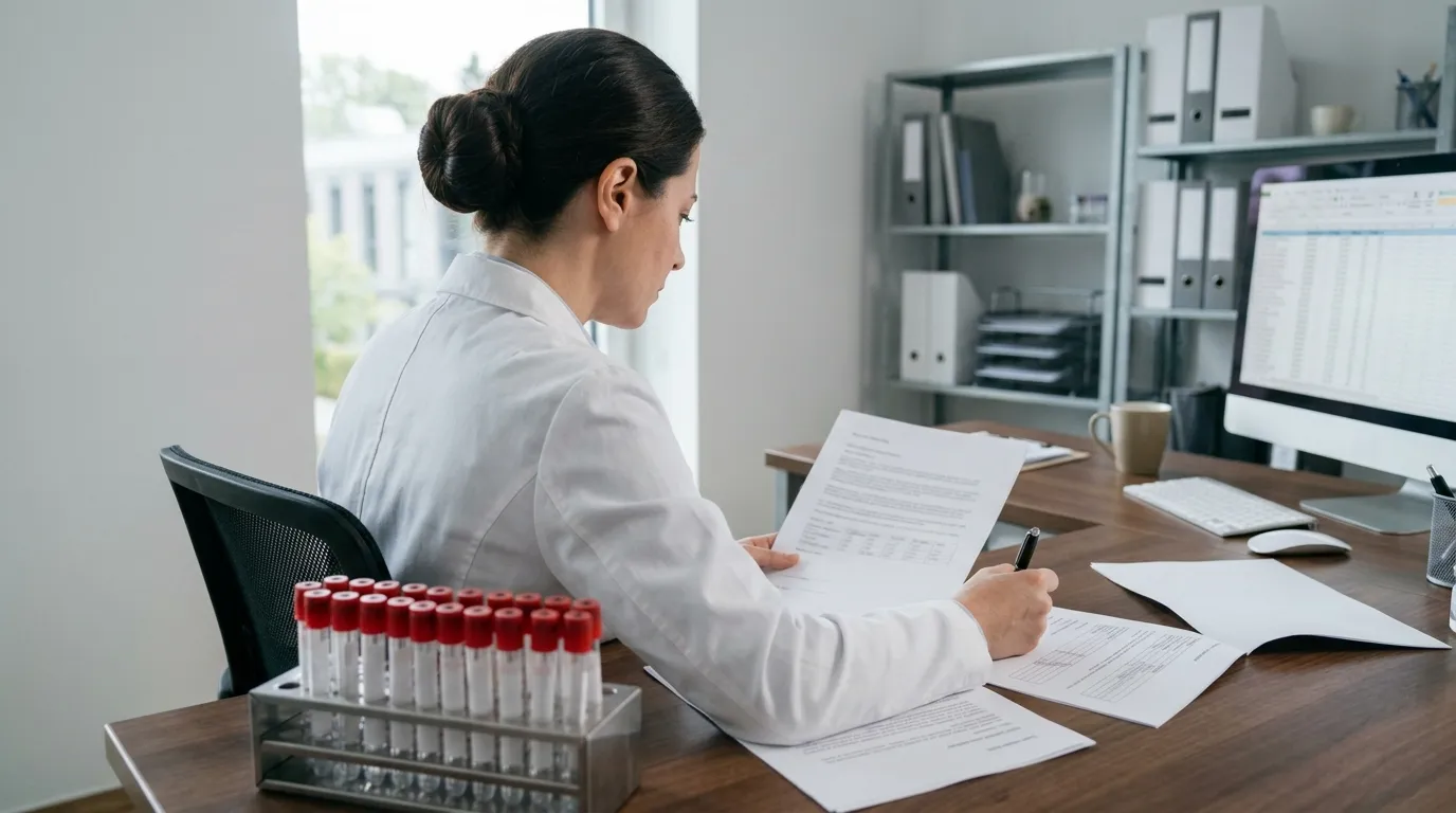 Buyer reviewing supplier documentation beside plain blood collection tubes in a rack.