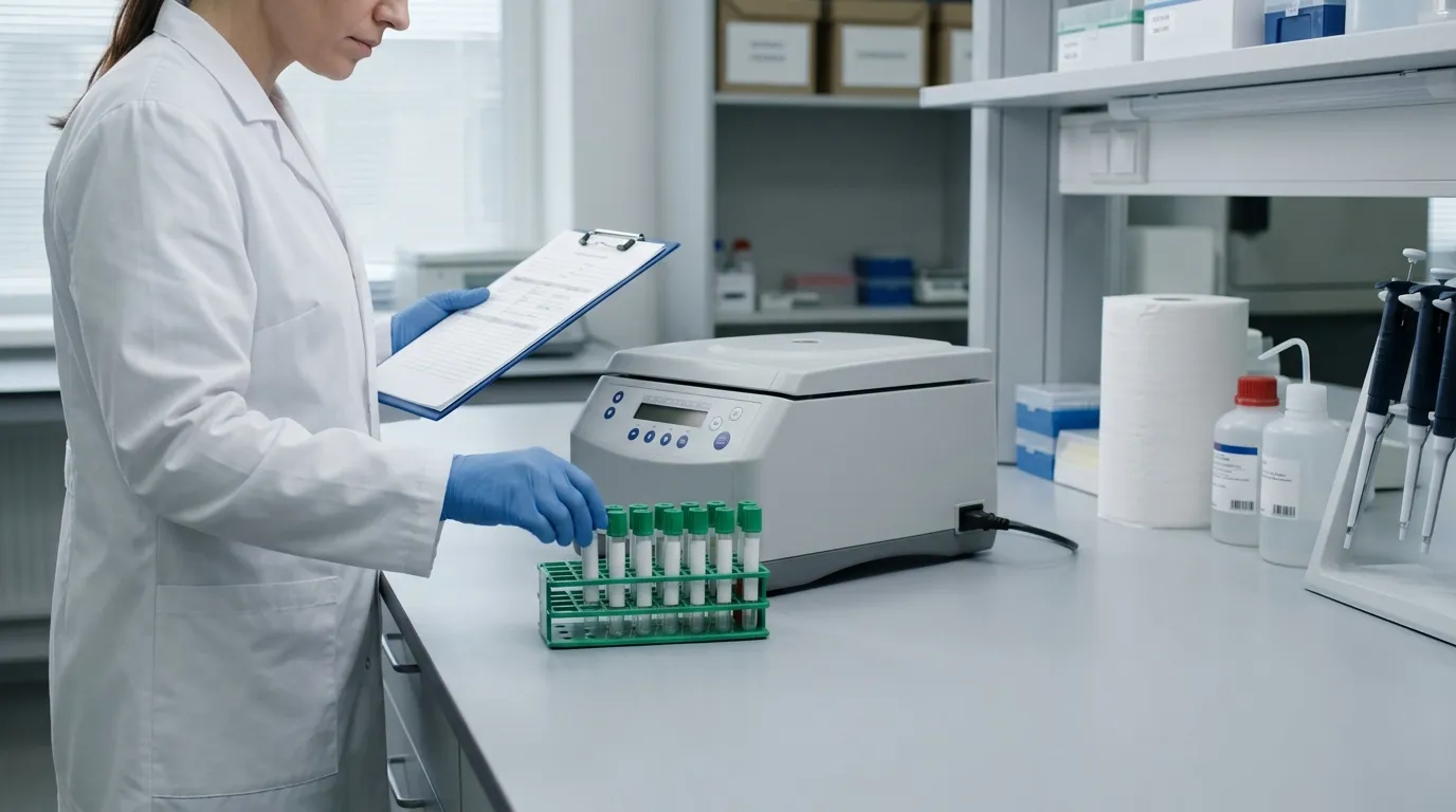 Sodium heparin tubes beside a closed centrifuge for plasma workflow review