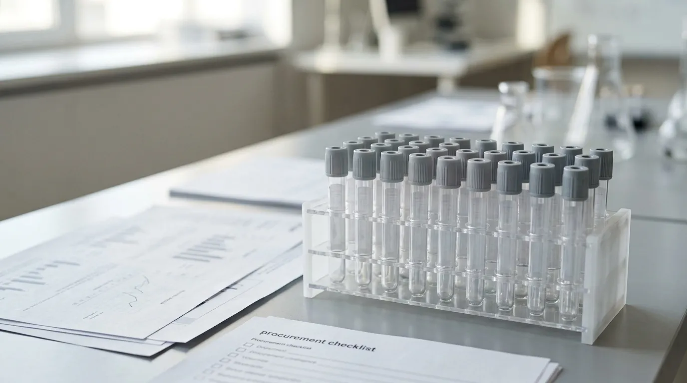 Blood collection tubes and procurement documents on a laboratory bench