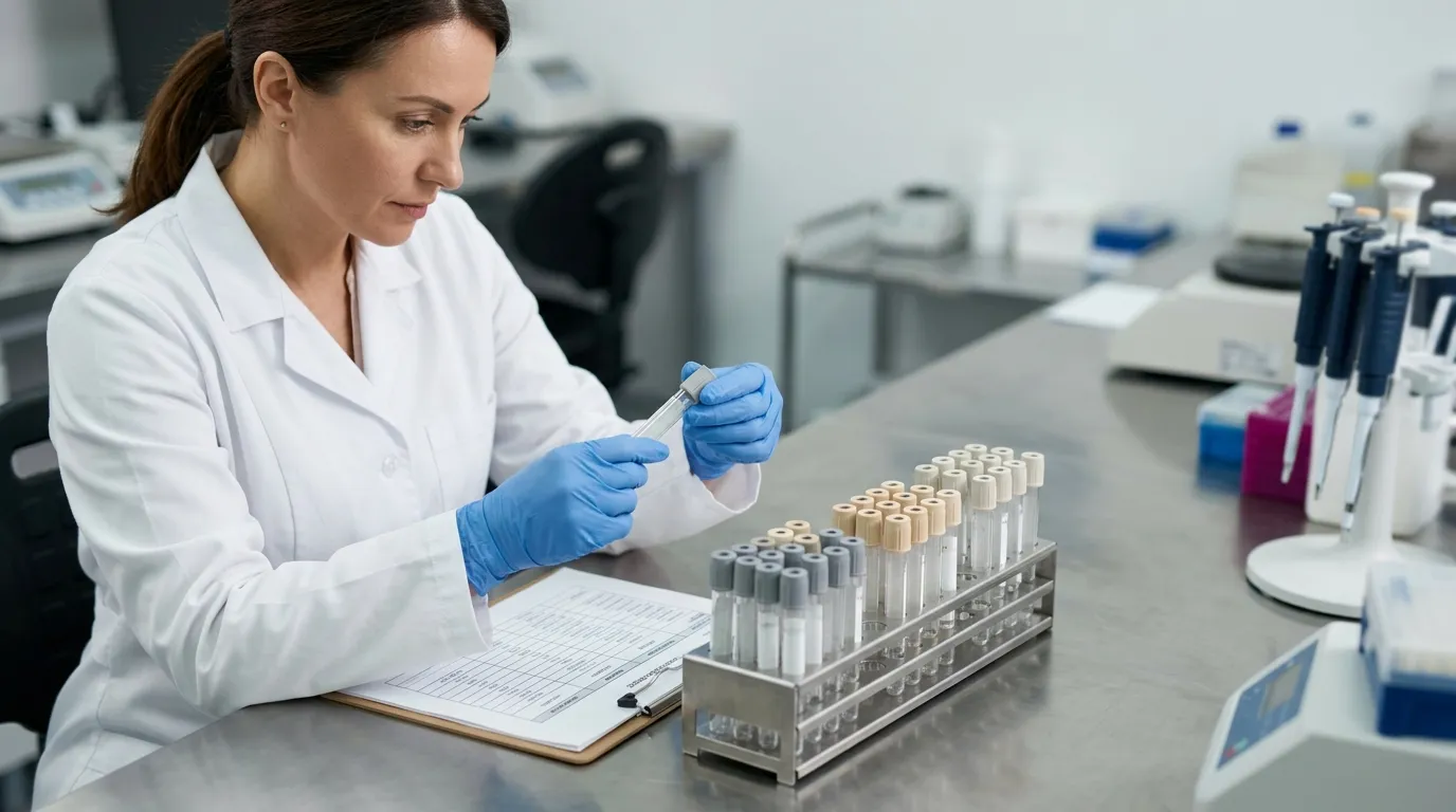 Laboratory buyer reviewing blood collection tube configurations on a rack