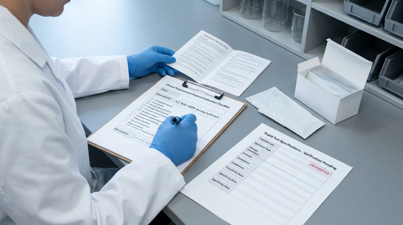 Buyer reviewing rapid-test product documents beside neutral sealed test-kit packaging