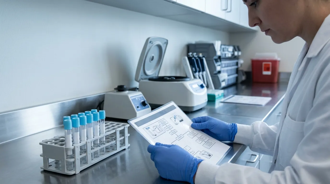 Sodium citrate tubes and handling documents on a coagulation laboratory bench