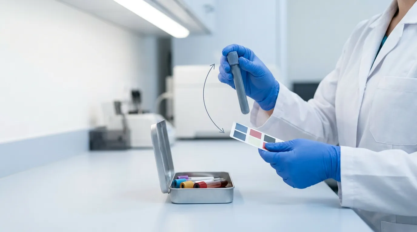 Technician comparing a custom cap color on a blood collection tube to a reference sample.