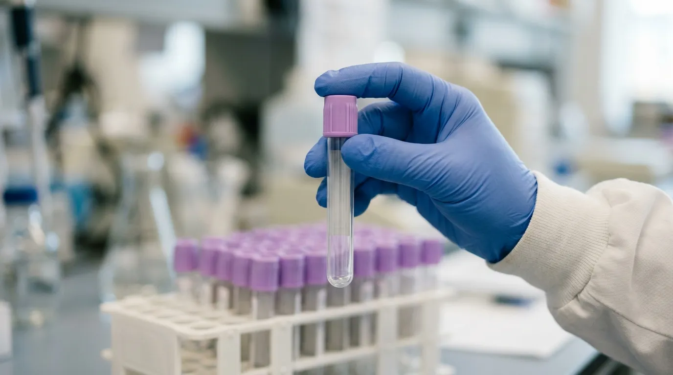 Close-up of a gloved hand holding a K3 EDTA tube with a lavender cap