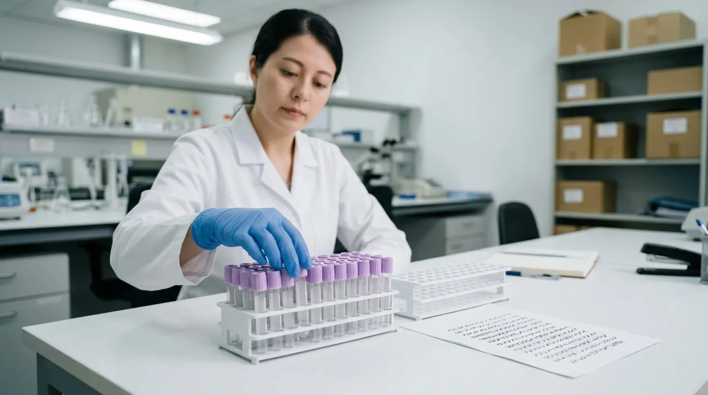 Procurement review of K3 EDTA tube sample rack beside blank document