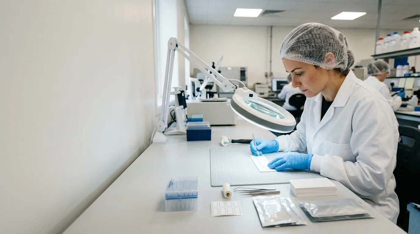 Quality-control analyst inspecting an unprinted lateral flow membrane card