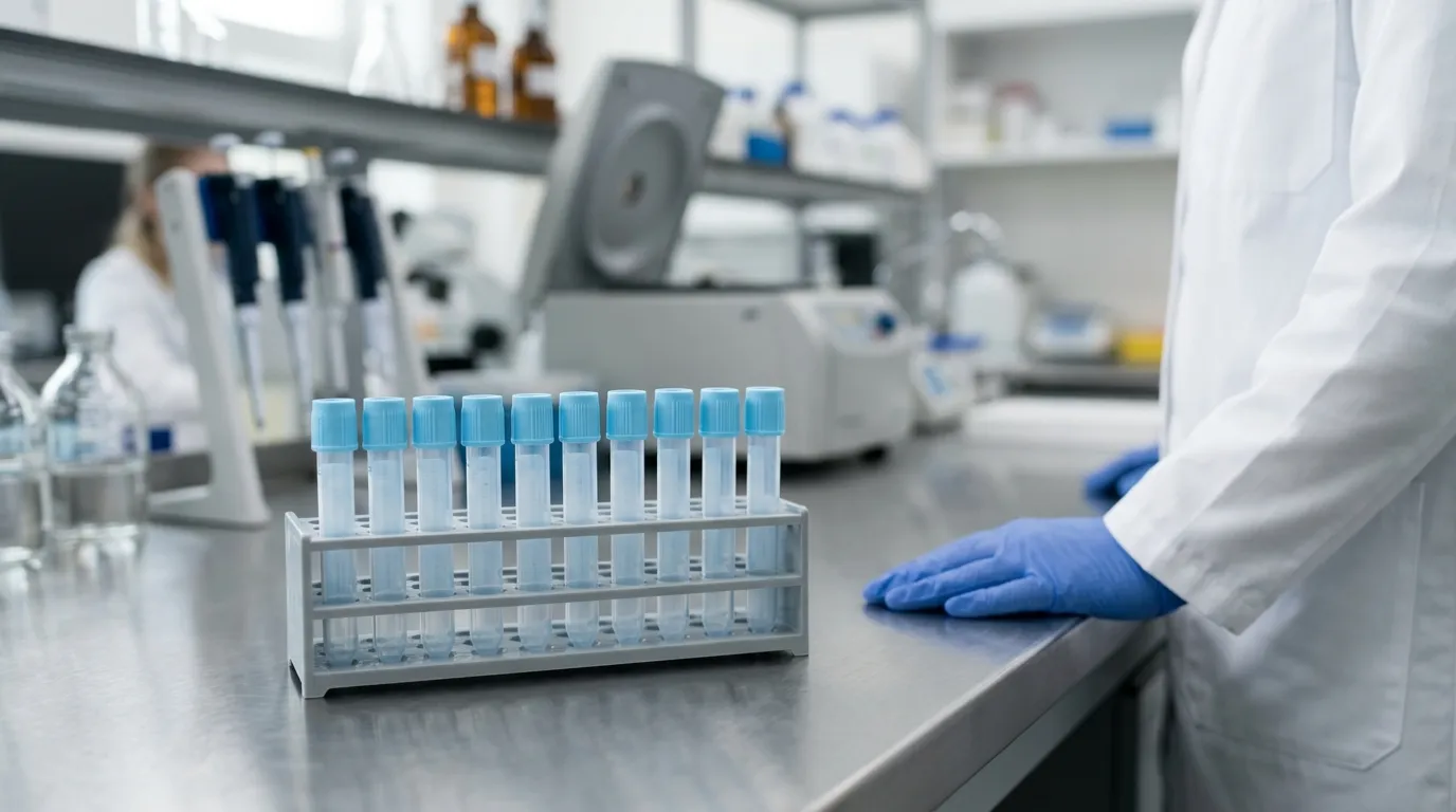 Light blue top blood collection tubes in a laboratory tube rack.