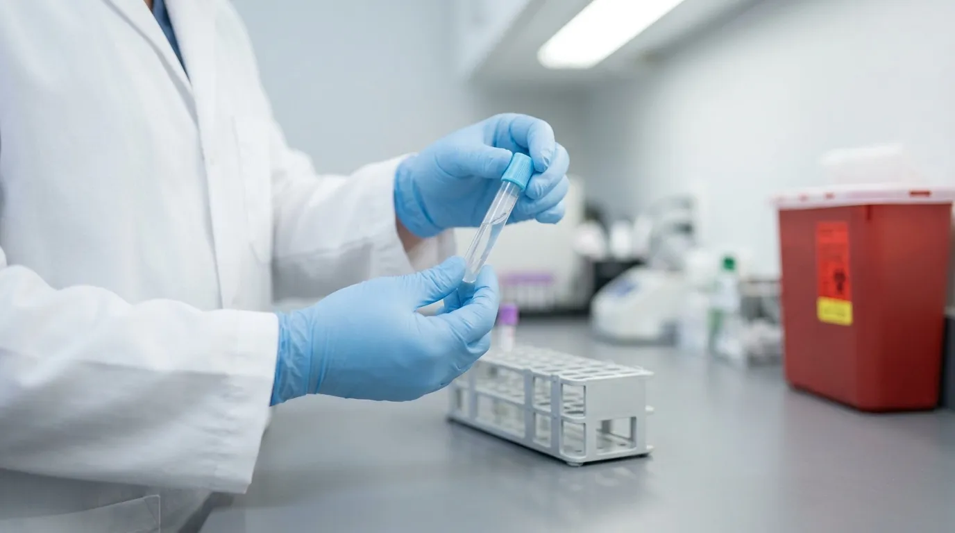Technician gently inverting a light blue top tube to mix a blood sample.