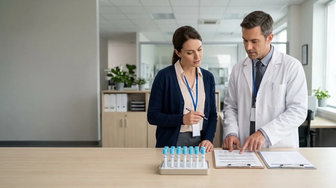 Buyer and laboratory professional reviewing technical documents beside blue top tube samples.