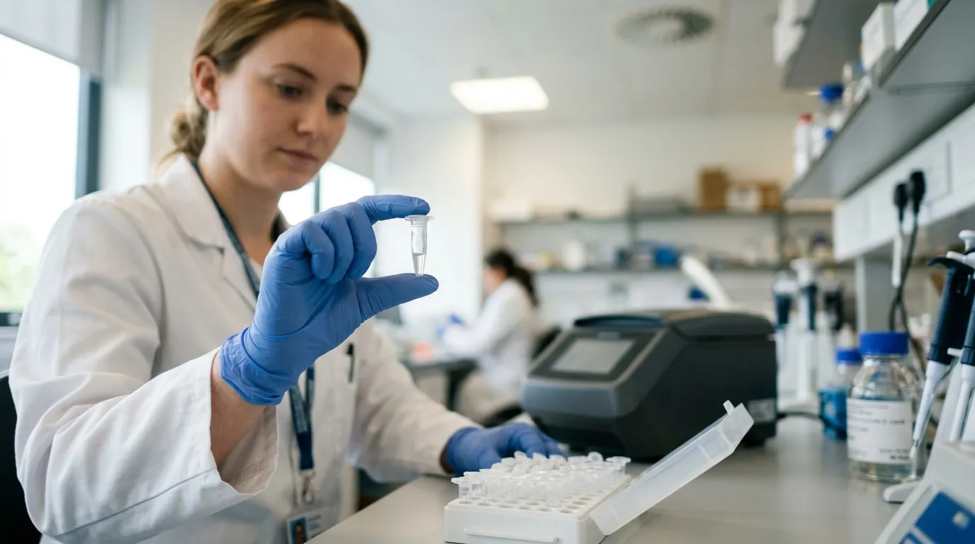 Gloved hand holding a PCR tube above an open lab rack