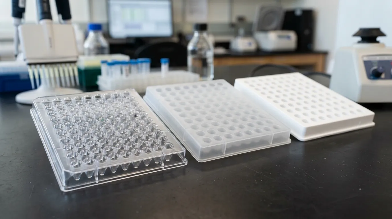Clear, frosted, and white 96-well optical PCR plates side by side on a lab bench