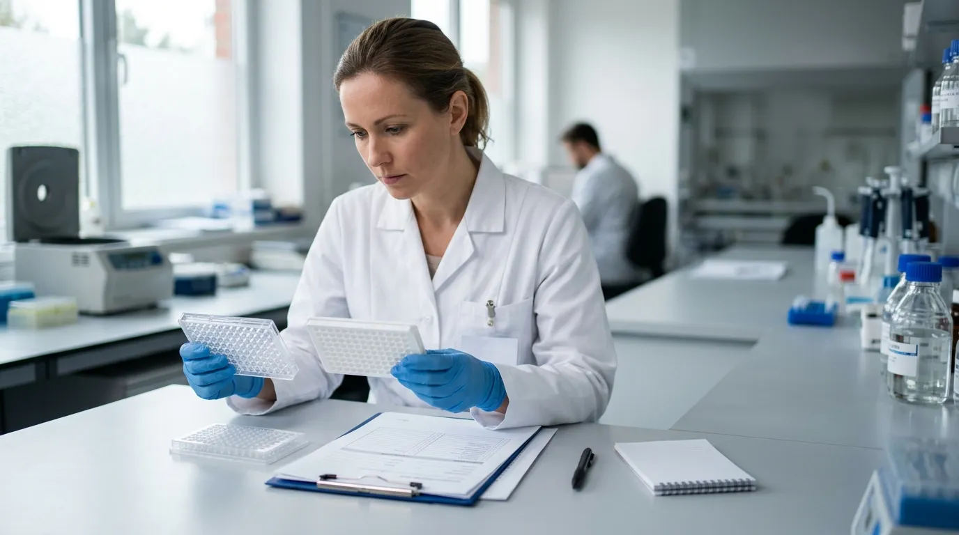 Lab manager comparing two optical PCR plates with documentation sheets for supplier evaluation