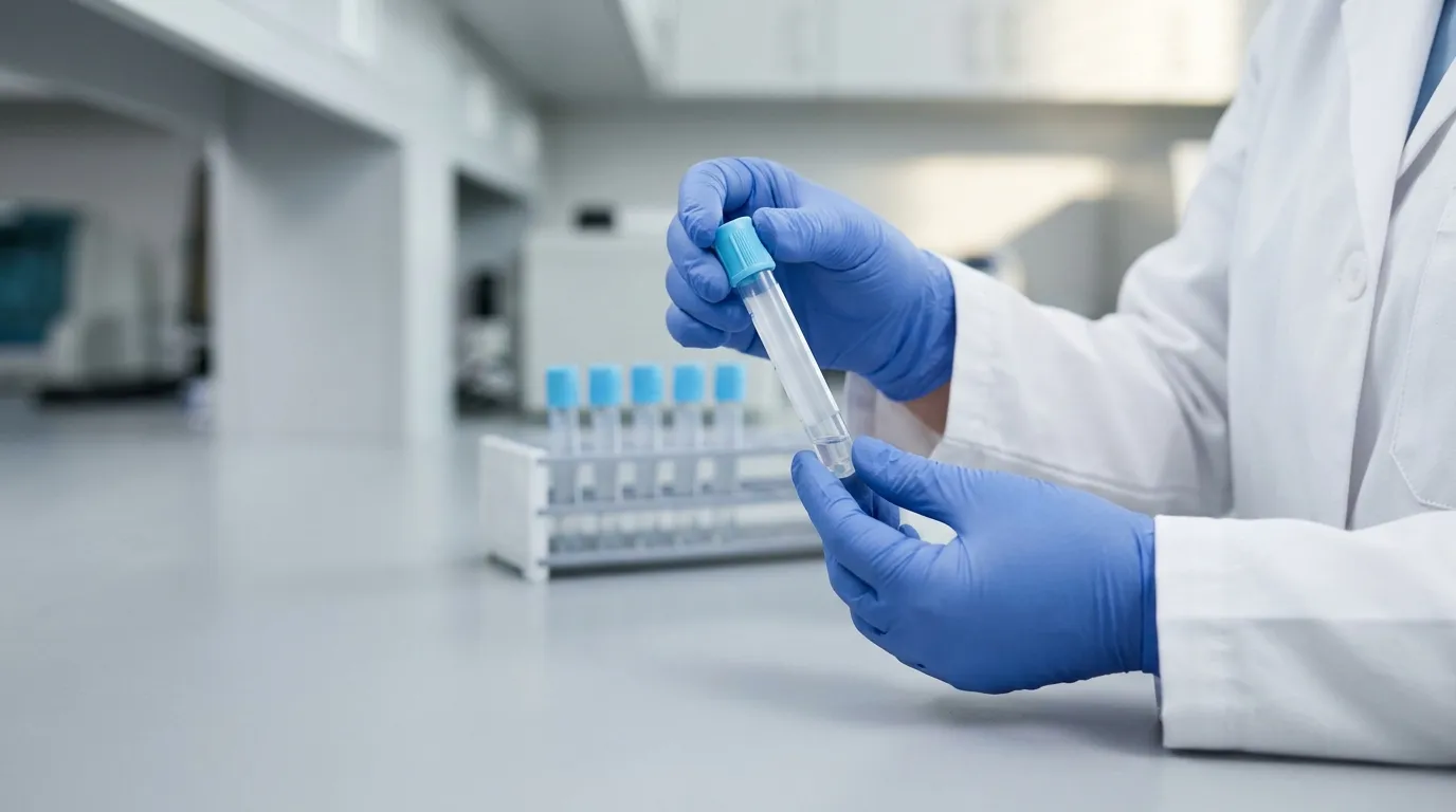 Gloved hands gently inverting a blue-cap PT tube to mix the sample
