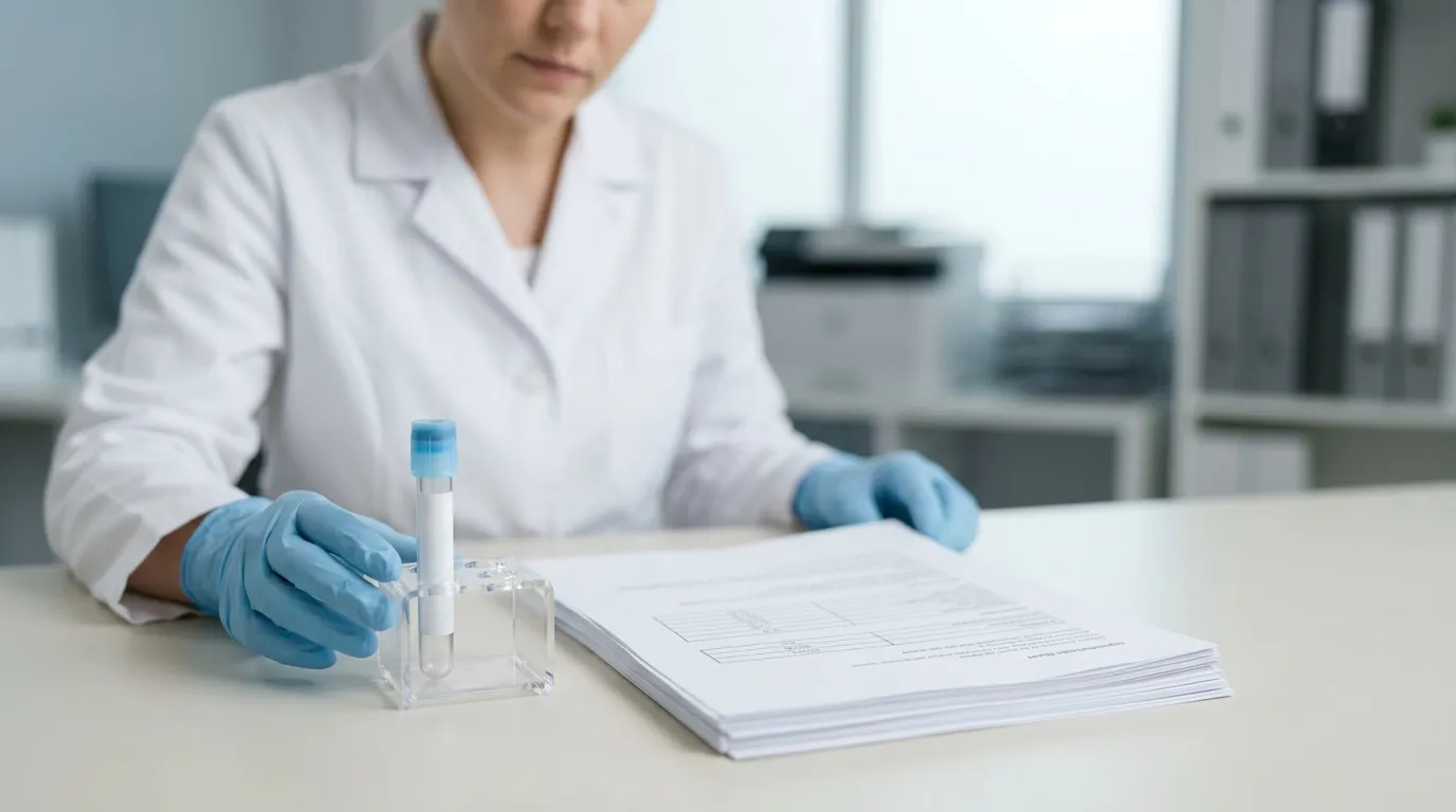 Blue-top PT tube beside supplier specification documents under review