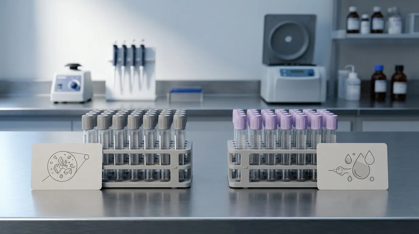 Side-by-side unbranded EDTA blood tubes illustrating additive comparison